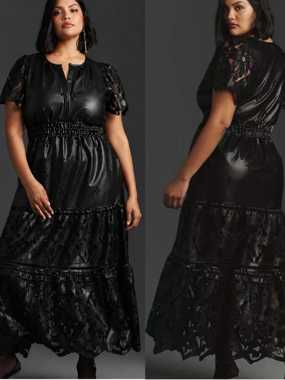 Anthropologie Somerset Maxi Dress Faux Leather 3X Black NWT Embroidered Lasercut